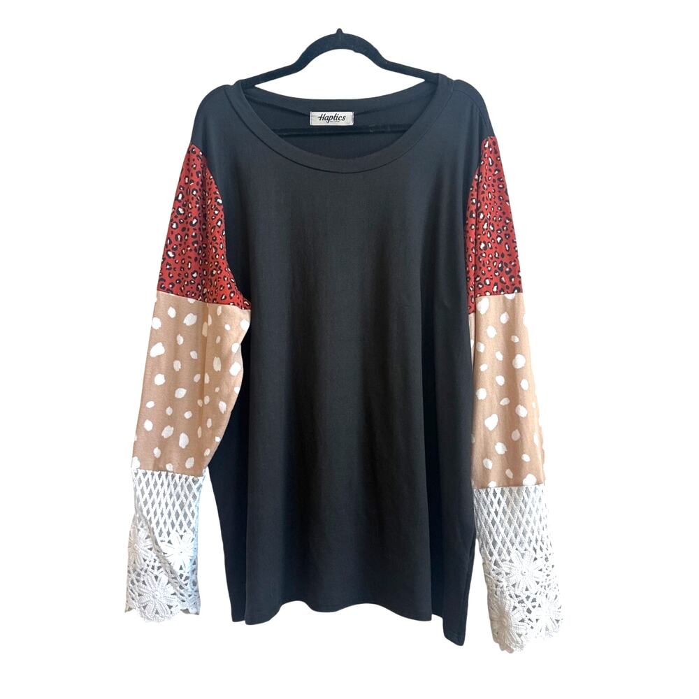 Haptics by Holly Harper Soft Black with Mix Print/ Crochet Statement Sleeves